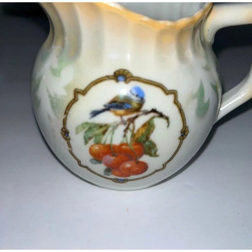 Vintage Celebrate Porcelain Creamer Pitcher Hand Painted Blue Bird Fruit Gold